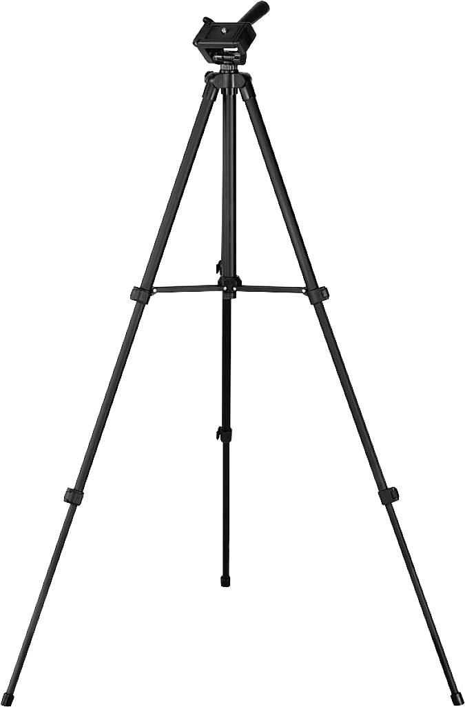 Černý trojnožkový stativ s nastavitelnými nohami po výšce a držákem fotoaparátu nahoře. Ideální pro stabilní foto- nebo videonahrávky.