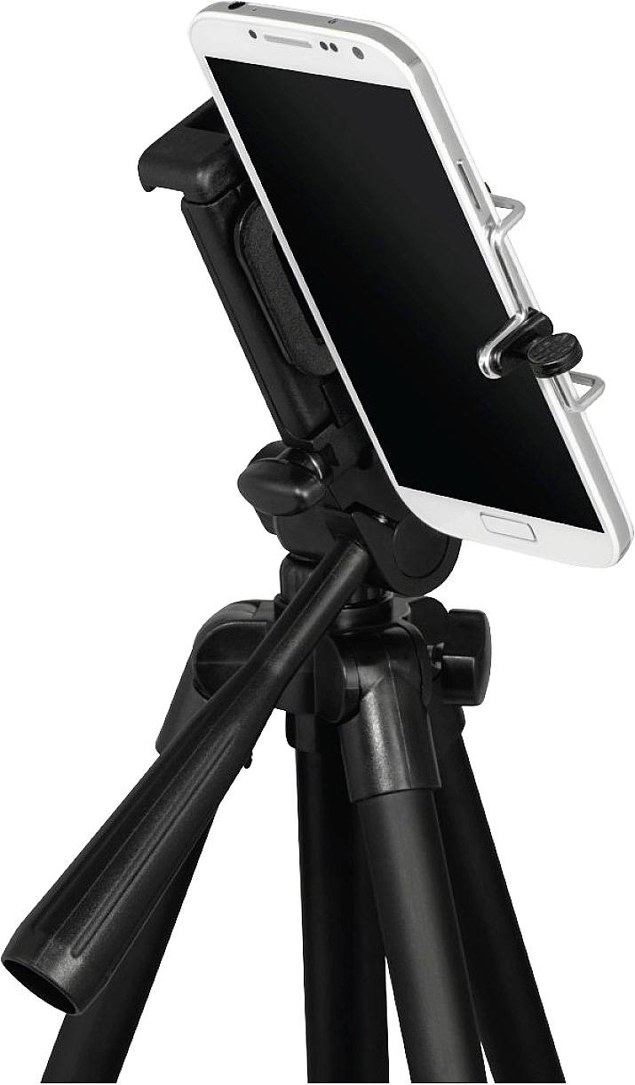 Mobilní telefon je upevněn na černém stativu. Stativ má nastavitelné nohy a mobilní telefon je zajištěn v držáku.