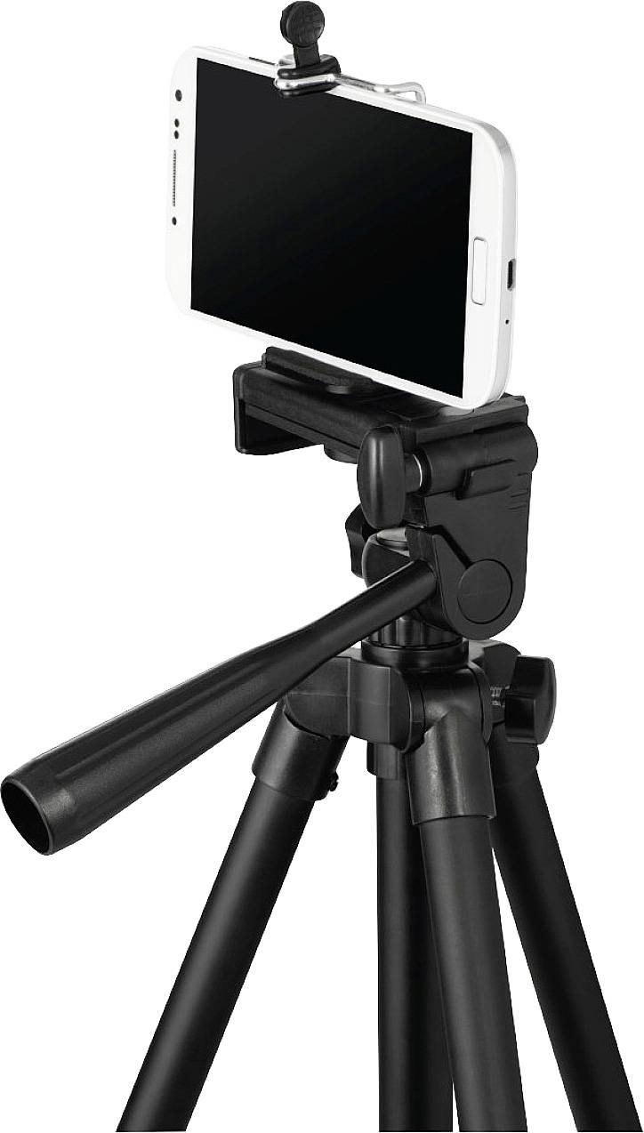 Smartphone upevněný na černém stativu, připravený pro fotografování nebo natáčení videa.