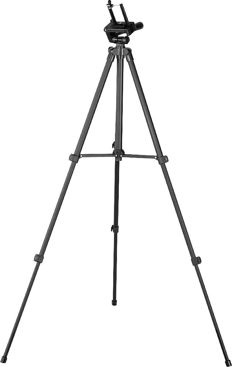 Černý trojnožkový stativ s vysunatelnými nohami a nastavitelnou hlavou, vhodný pro fotoaparáty nebo teleskopy.