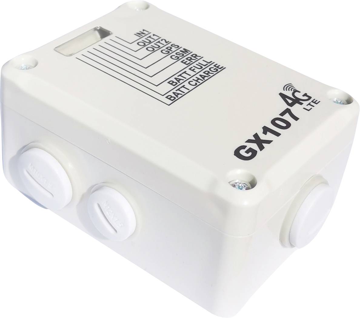 Bílé elektronické zařízení s nápisem 'GX107 4G LTE' a několika konektory. Tabulka znázorňuje různé výstupy a stav baterie.
