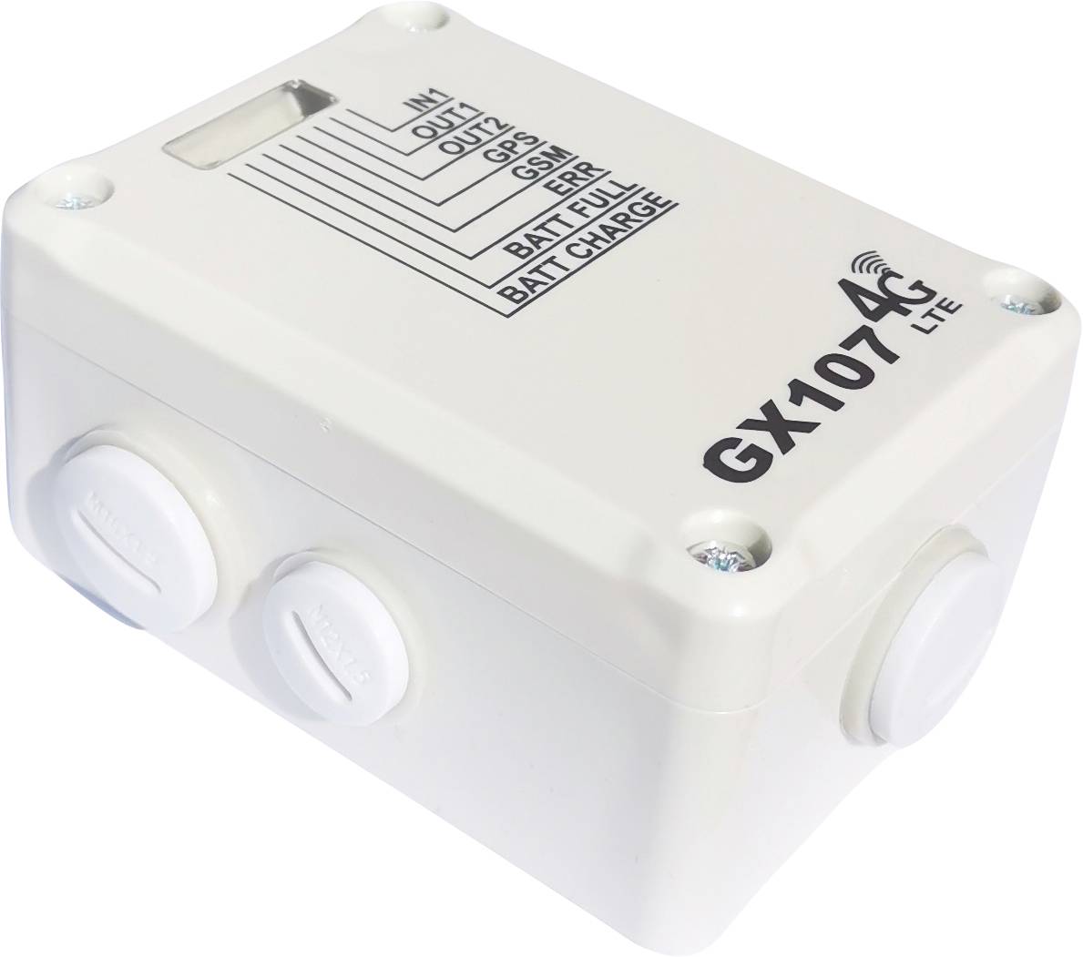 Bílé elektronické zařízení s nápisem 'GX107 4G LTE'. Má několik portů a vytištěný návod k připojení.