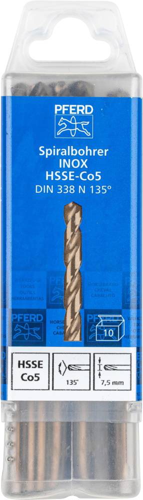 Balení se spirálovým vrtákem z HSSE Co5, vhodné pro nerezovou ocel (INOX), DIN 338 N, 135°, průměr 7,5 mm, značka PFERD.