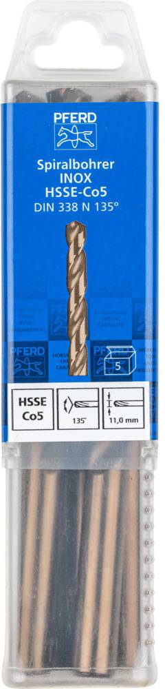 Balení spirálových vrtáků 'HSSE Co5' pro nerezovou ocel o průměru 11 mm, označené podle normy DIN 338 N 135°.
