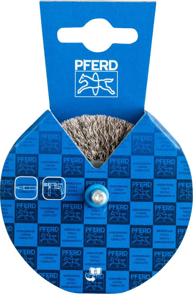 Modrý obal s nápisem 'PFERD', obsahující kulatý kartáč. Logo koně je vyobrazeno nahoře.