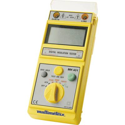 Žluté digitální měřicí zařízení pro měření izolace s displejem, tlačítky pro volbu napětí a tlačítkem 'TEST ZAP/VYP'. Číslo modelu: MH 401.