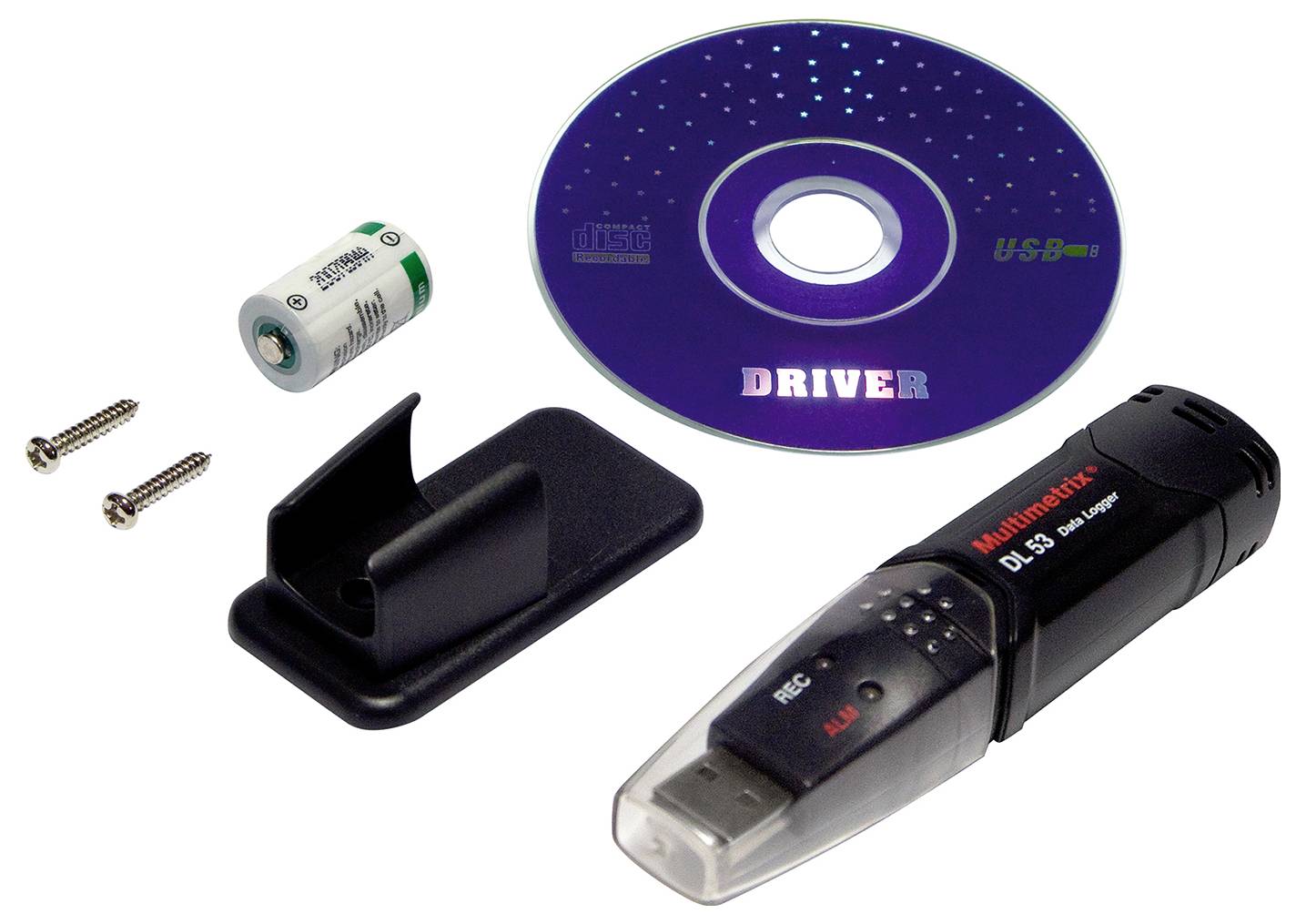 USB audio nahrávací zařízení s příslušenstvím: ovladačové CD, baterie, dva šrouby, klipová svorka.