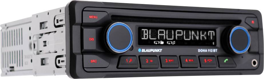 Autorádio Blaupunkt model Doha 112 BT, zobrazuje menu, možnosti a funkční tlačítka pro rádio, bluetooth připojení a ovládání hovorů.