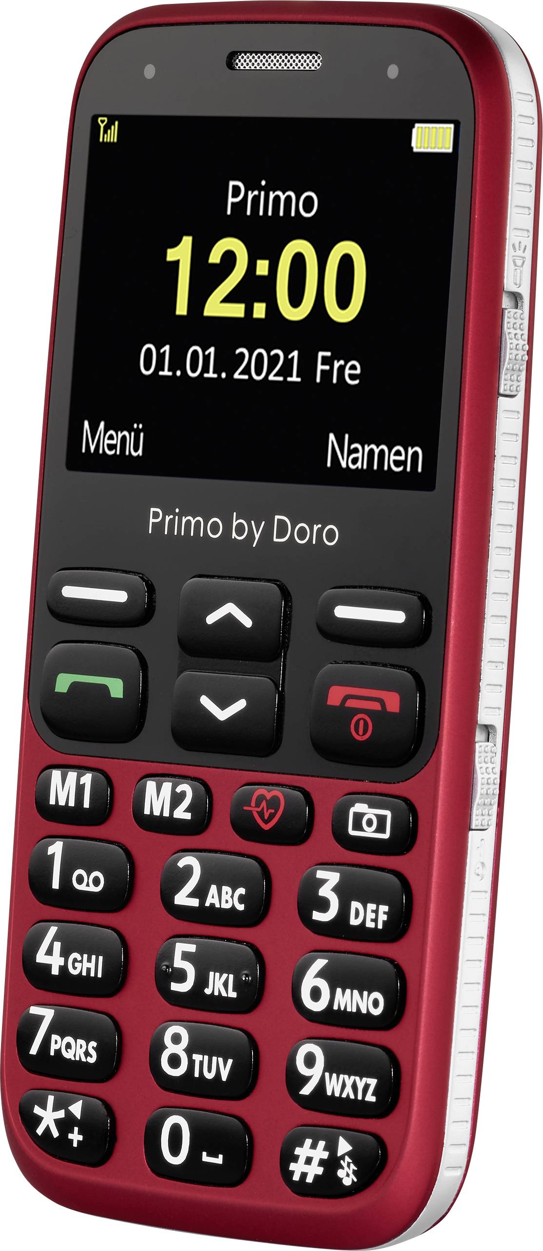 Červený mobilní telefon pro seniory s velkými tlačítky a displejem zobrazuje '12:00', '01.01.2021' a 'Primo'. Tlačítka pro menu a kontakty.