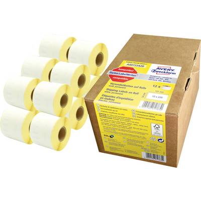 Krabice s kompatibilními rolemi samolepicích etiket Avery Zweckform Dymo LabelWriter pro lodní etikety, zobrazené vedle několika roliček na bílém pozadí.