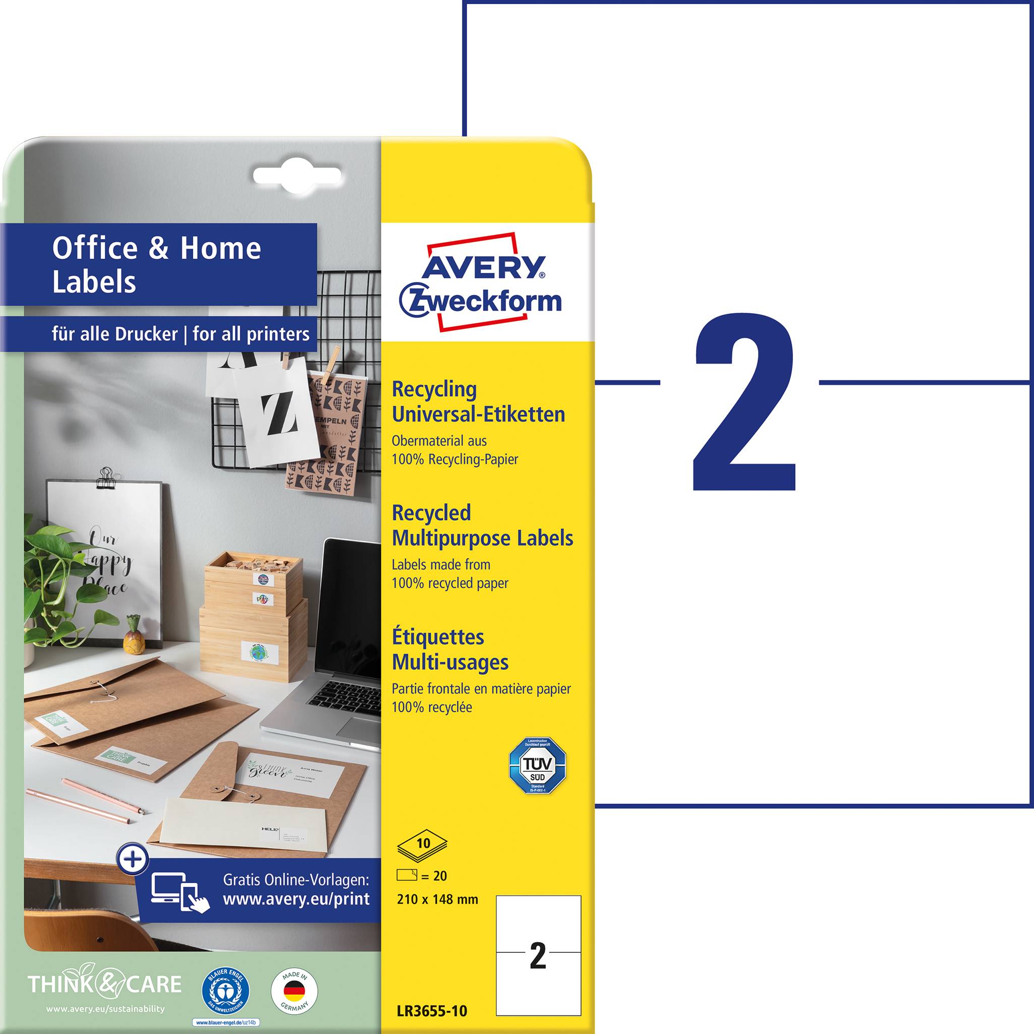 Avery-Zweckform LR3655-10 univerzální etikety 210 x 148 mm recyklovaný papír bílá 20 ks trvalé barevná laserová tiskárna, laserová tiskárna