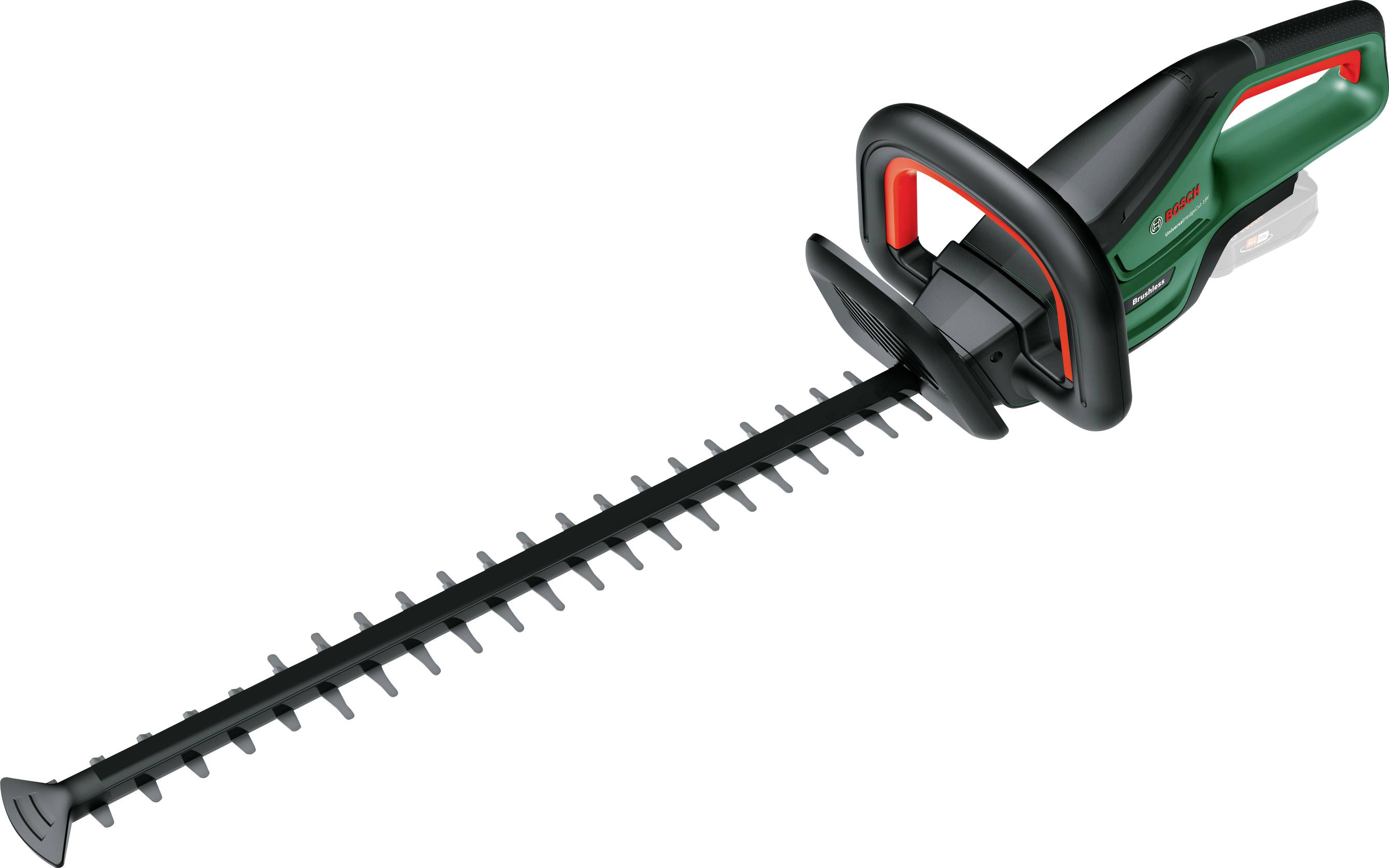 Elektrické nůžky na živý plot s dlouhým střihacím ostřím a ergonomickou rukojetí, vhodné pro úpravu keřů a živých plotů.