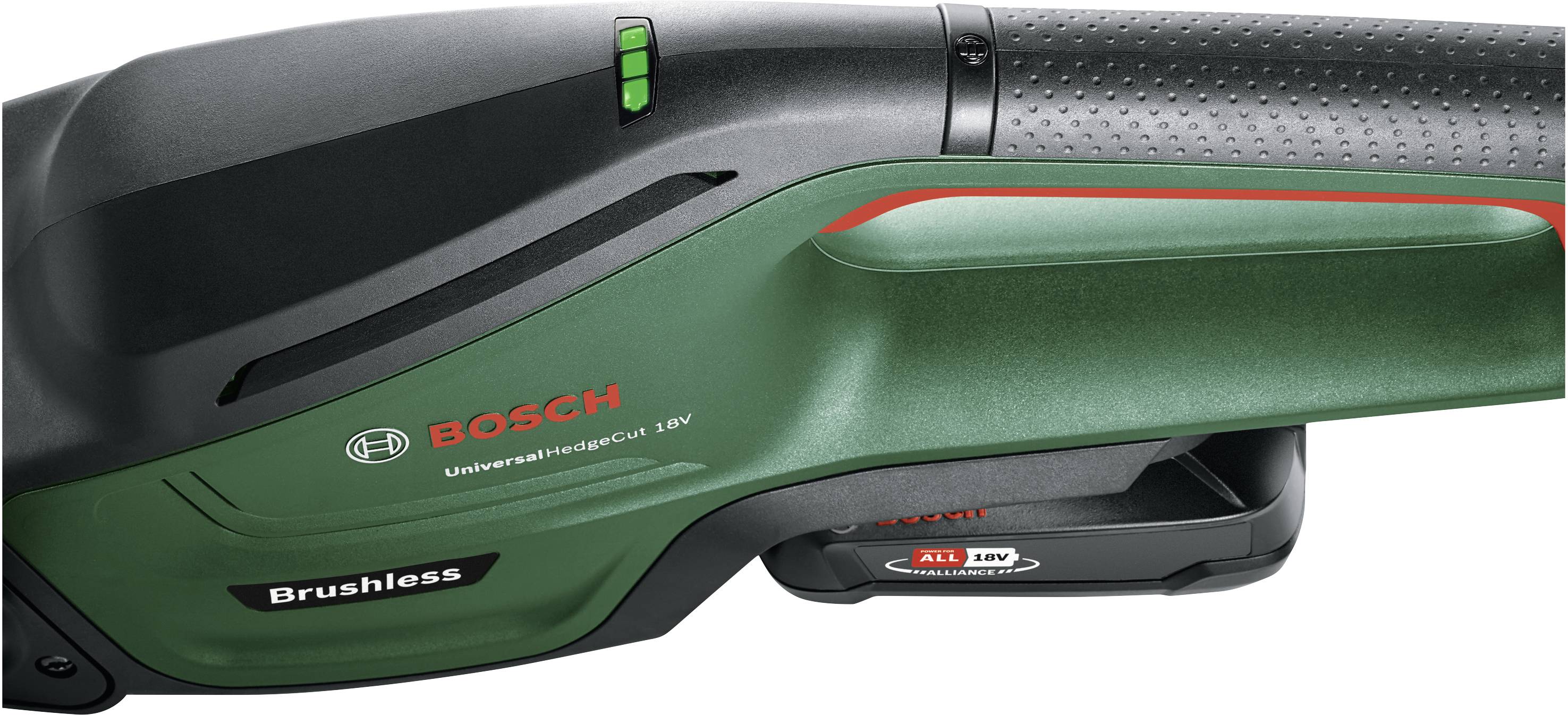 Částečný pohled na zelené akumulátorové zařízení Bosch bez kartáčů s nápisem 'Universalcut 18V' a prostorem pro akumulátor. Detailní ergonomie a rukojeť.