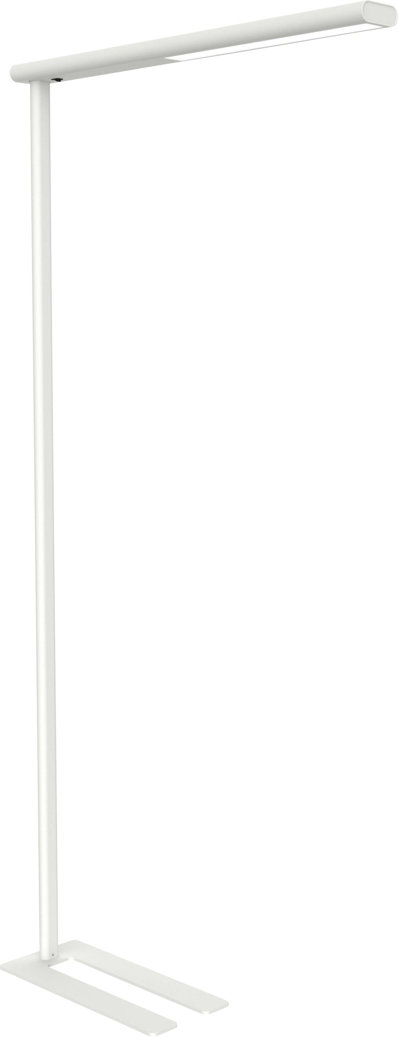 Bílá, štíhlá stojací lampa s obdélníkovým podstavcem a dlouhým, horizontálním světelným tělesem. Minimalistický design, moderní a elegantní.