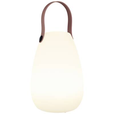 Přenosná oválná lampa s teplým světlem a hnědou rukojetí, ideální pro navozující osvětlení uvnitř i venku.