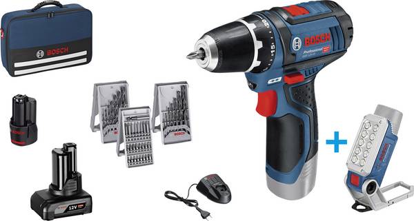 Bosch Professional GSR 12V-15 + GLI DeciLED aku vrtací šroubovák, 12 V, 2 Ah, 4 Ah Li-Ion vč. aku lampy, vč. 2x aku, vč. příslušenství, taška