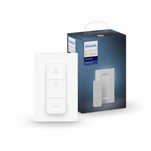 Stmívací spínač 'Philips Hue' v obalu. Spínač má čtyři tlačítka pro ovládání osvětlení. Obal zobrazuje obrázek spínače.