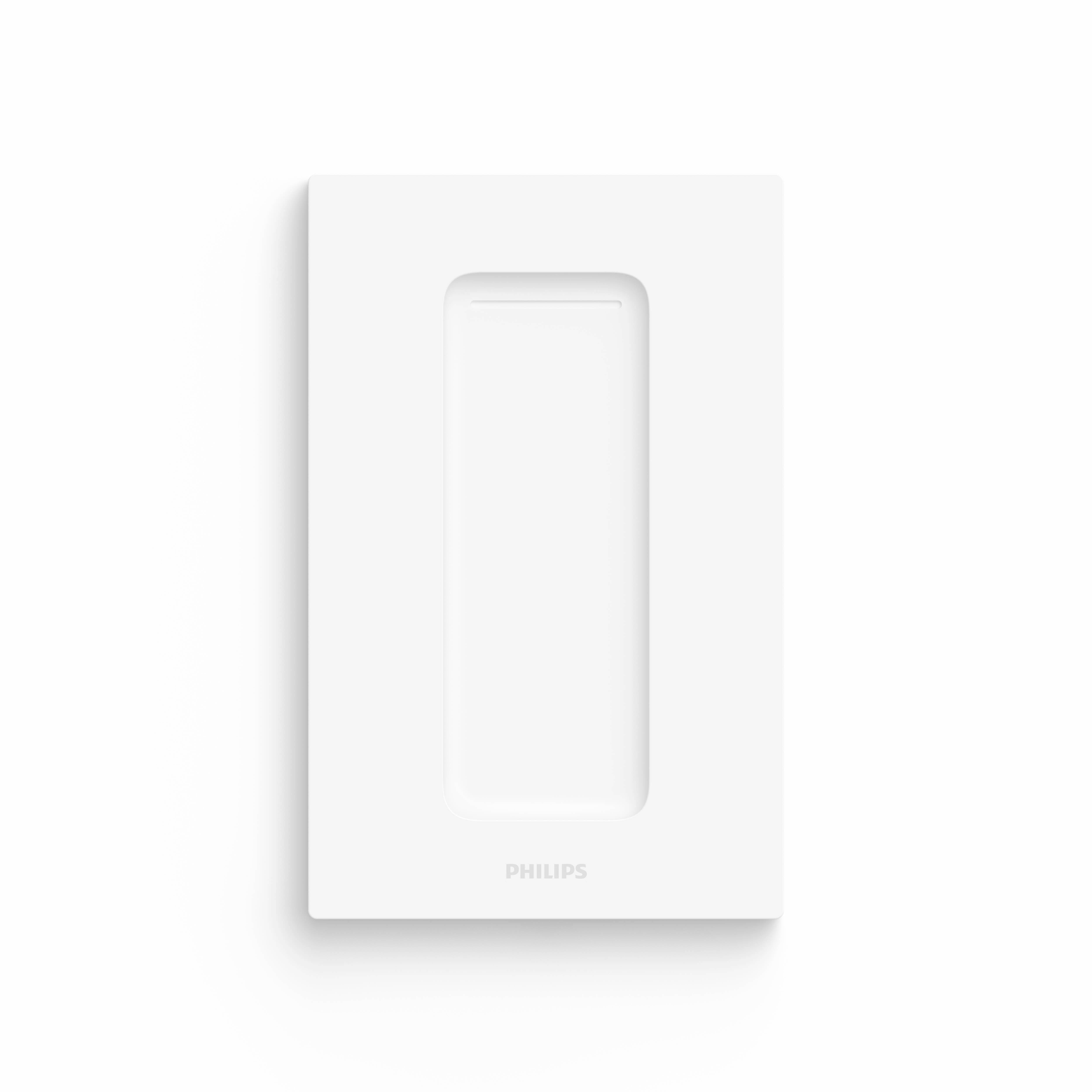 Bílý Philips vypínač, obdélníkového tvaru a jednoduchého designu.
