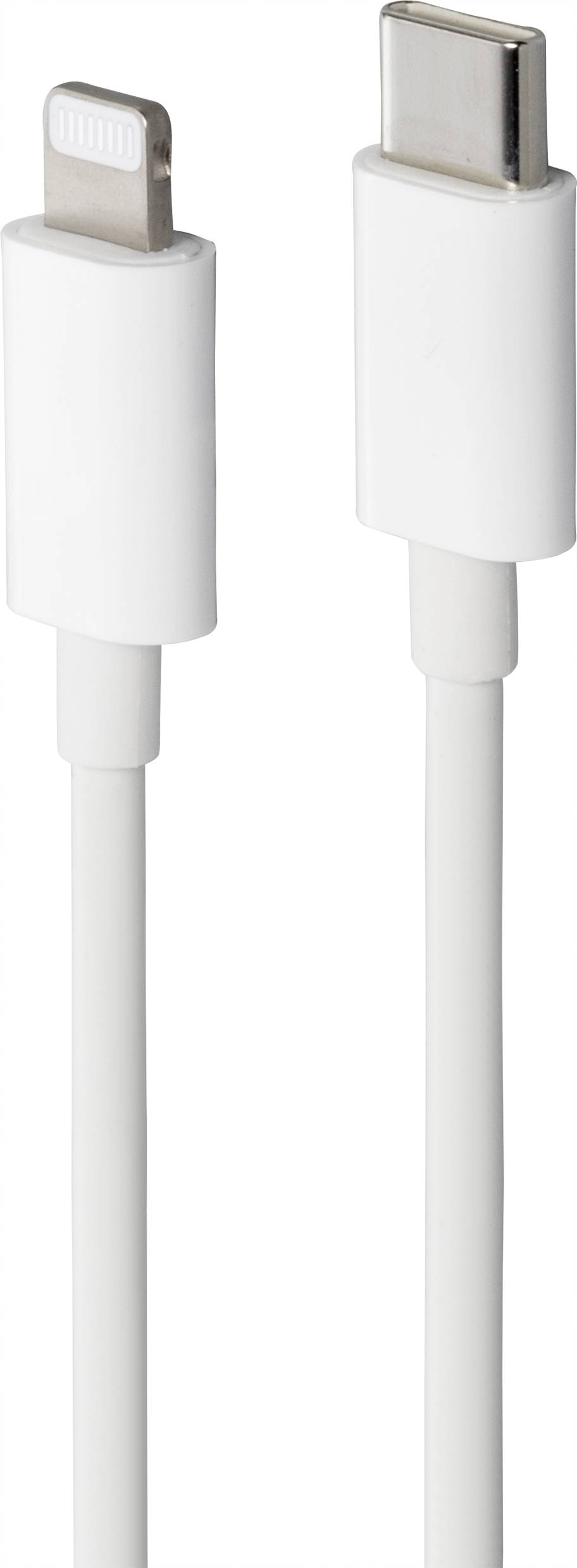 Bílý kabel s konektory Lightning a USB-C, vhodný pro nabíjení a synchronizaci zařízení.