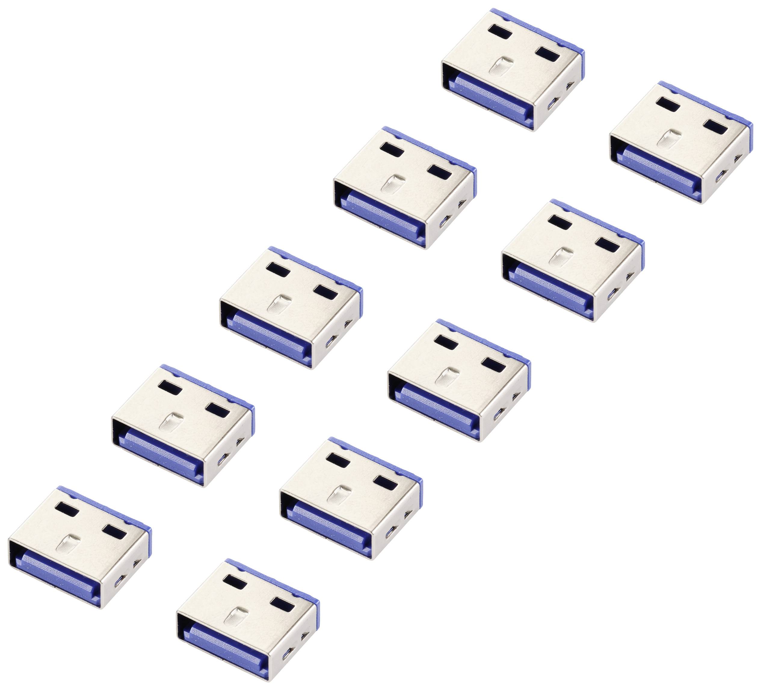 Několik USB portů uspořádaných ve dvou řadách.
