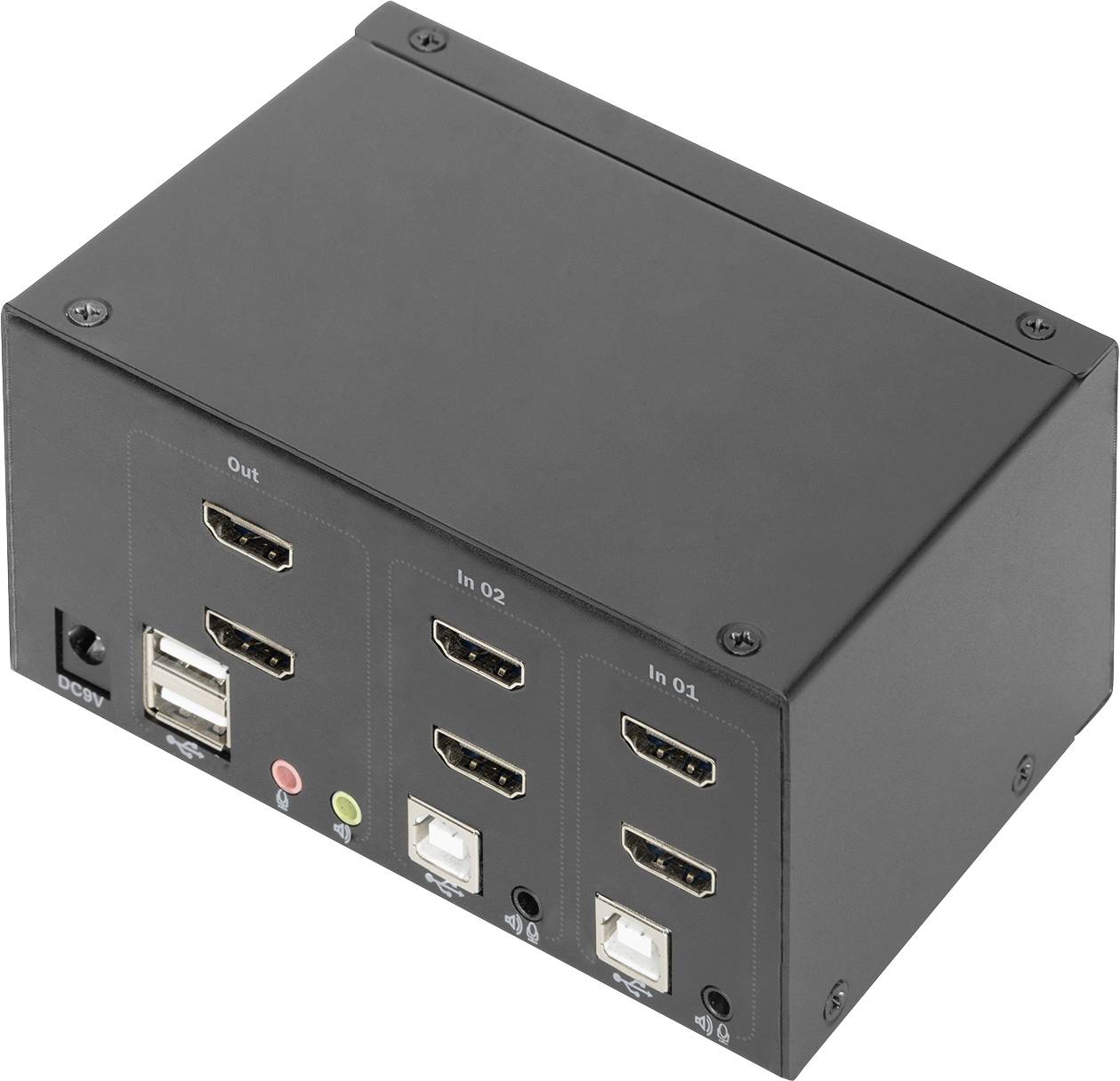 Černý HDMI rozbočovač s několika vstupními a výstupními porty a USB portem na přední straně.