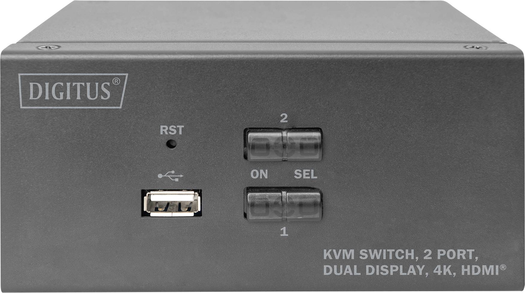 Černý KVM přepínač se dvěma tlačítky pro HDMI připojení. Označený nápisem 'DIGITUS' a 'KVM SWITCH, 2 PORT, DUAL DISPLAY, 4K, HDMI'.