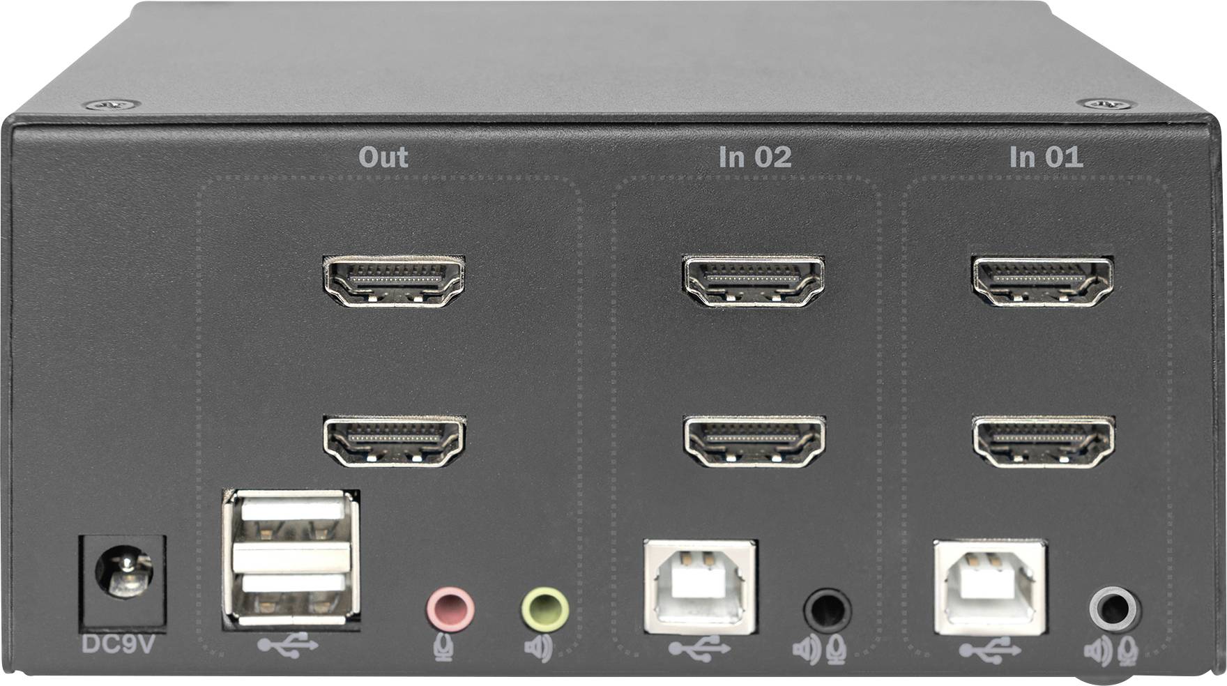 Černý rozvaděč s několika HDMI, USB a audio konektory, označený jako 'Out', 'In 01' a 'In 02'.