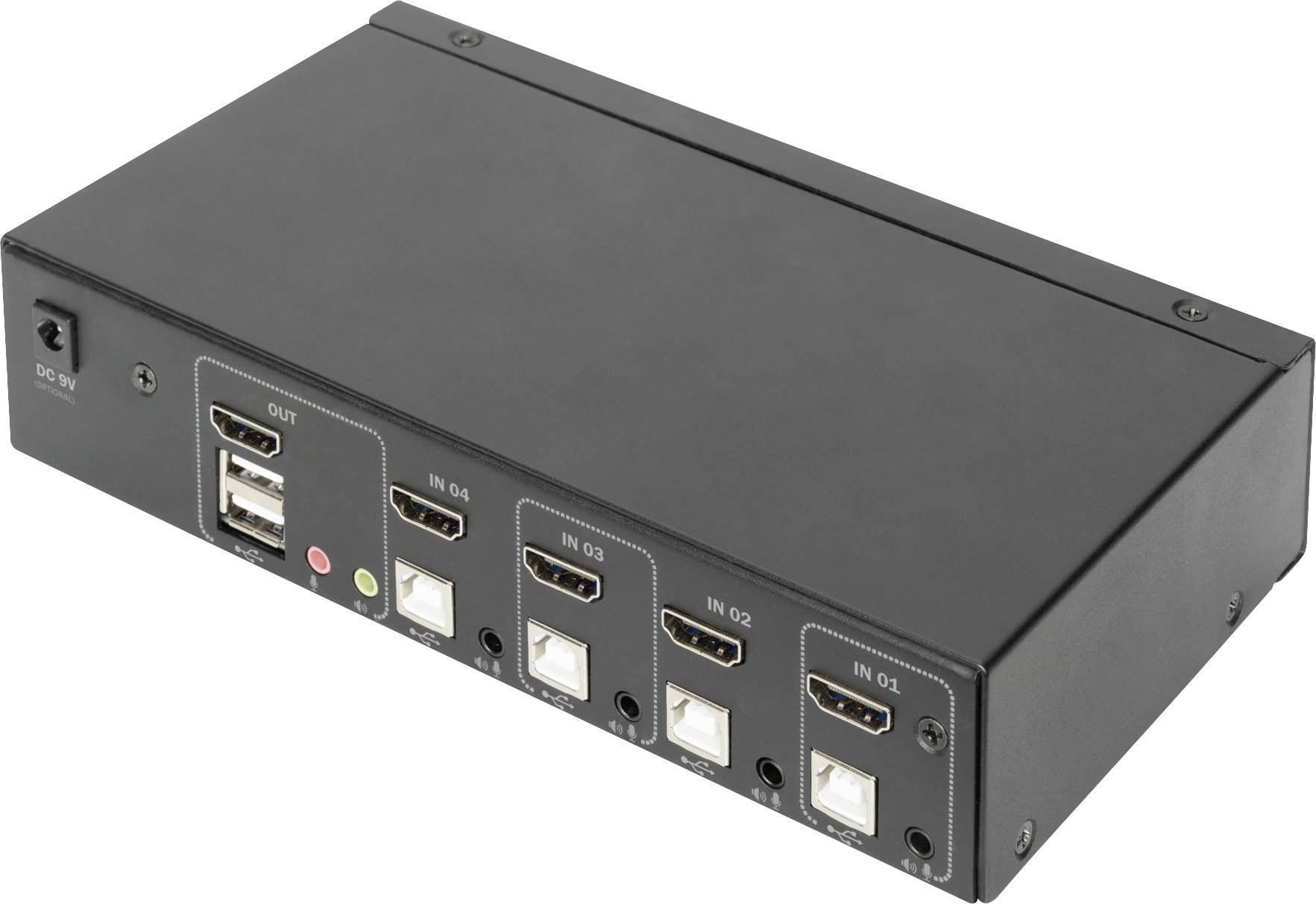 Černý HDMI rozbočovač s pěti vstupy, jedním výstupem a USB porty na přední straně, vhodný pro AV připojení.