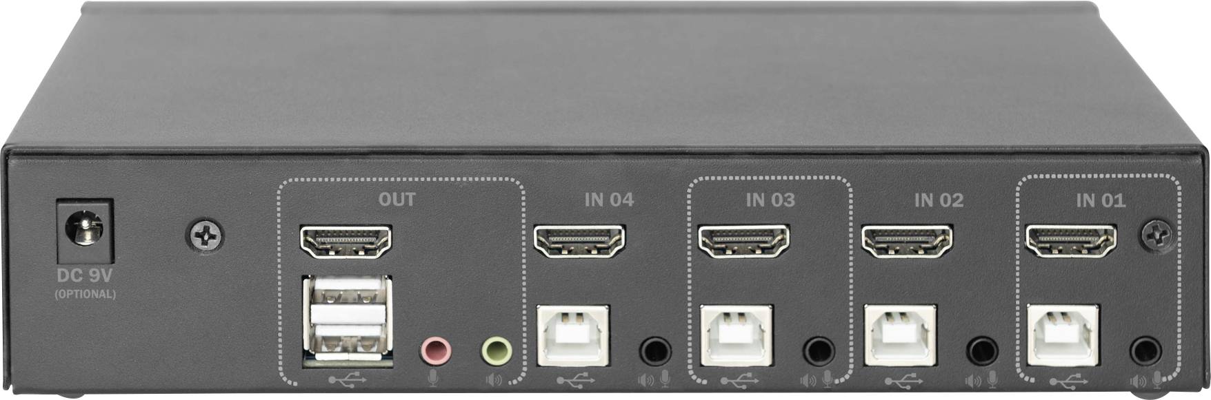 Černé elektronické zařízení se čtyřmi HDMI vstupy, jedním HDMI výstupem, dvěma USB porty a také audio a síťovým připojením.