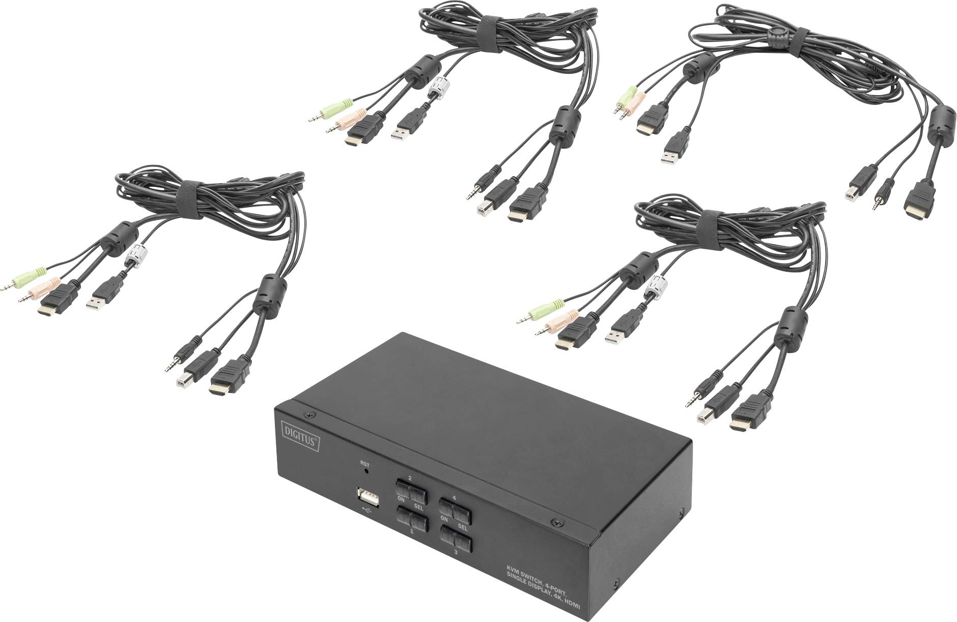 Černý KVM přepínač se čtyřmi sadami propojovacích kabelů. Každá sada obsahuje HDMI, USB a audio konektory.