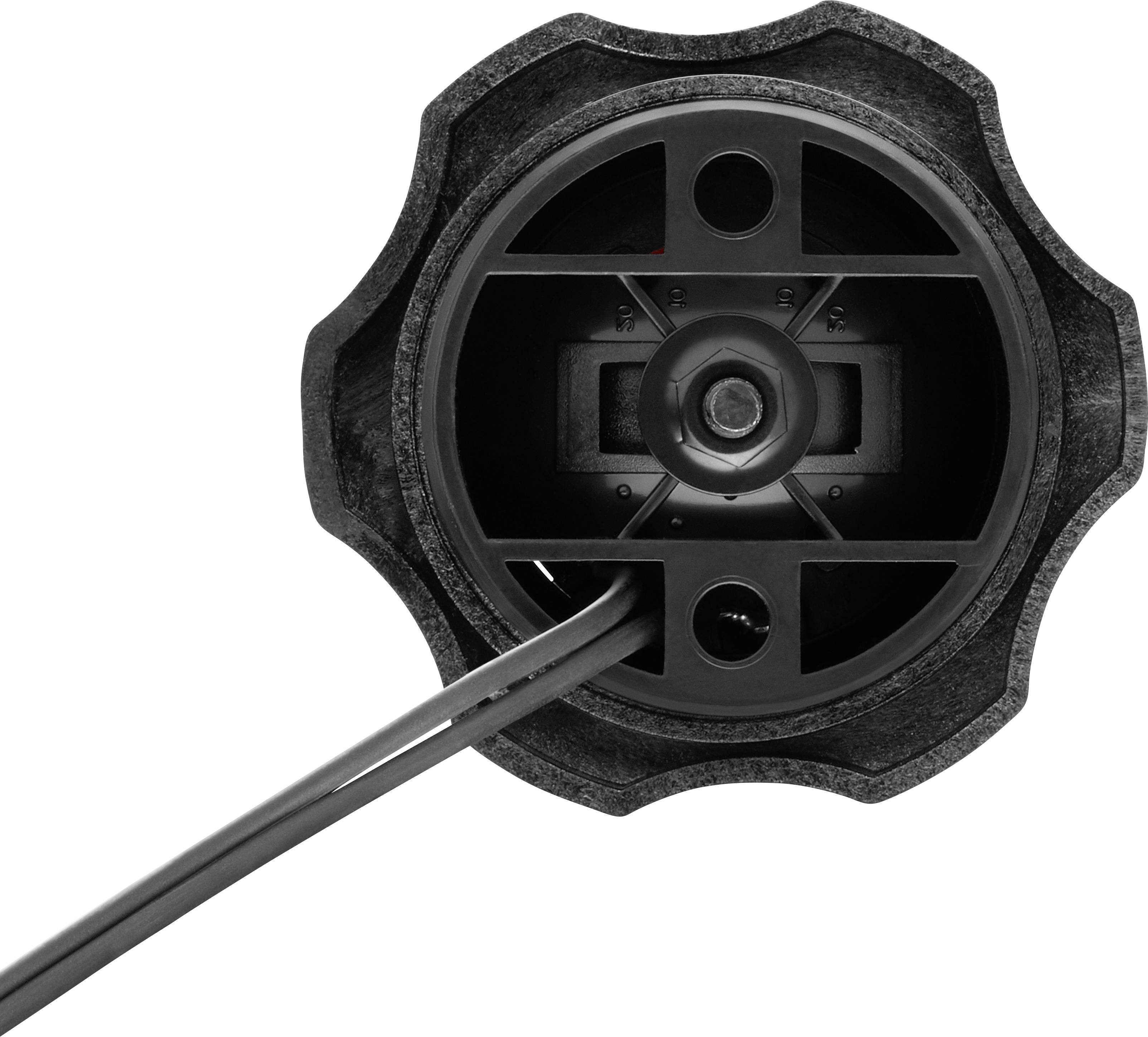 Černá mechanická součástka s kabelem, která má válcovitý tvar a komplexní vnitřní struktury.