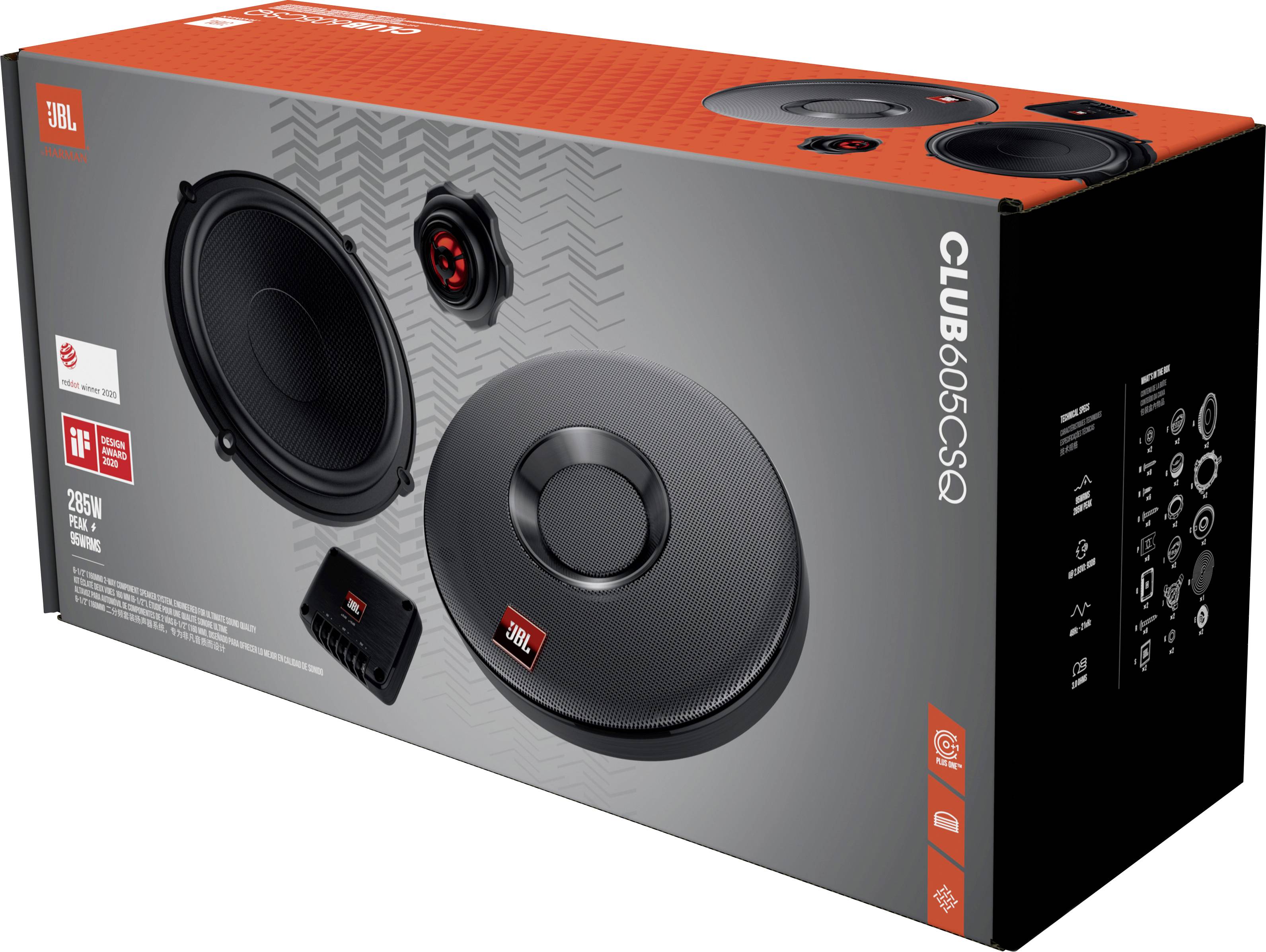 'JBL CLUB605CSQ' obal reproduktoru s vyobrazením produktu a specifikacemi na obalu. Obsahuje komponenty reproduktorů.