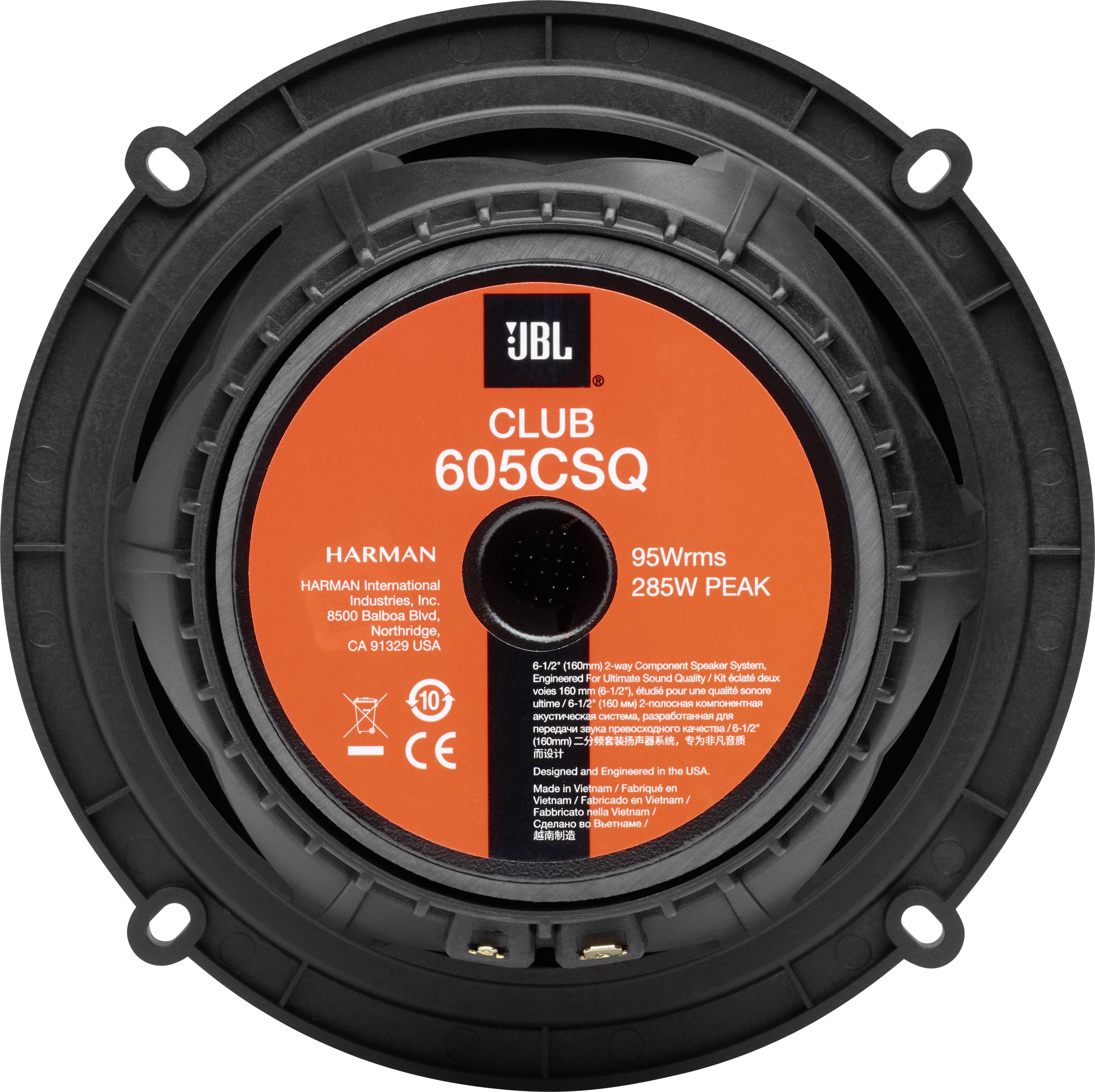 Kulaté reproduktorové těleso s černou a oranžovou zadní stranou, logem JBL, modelové číslo '605CSQ', výkon '95W RMS, 285W Peak'.