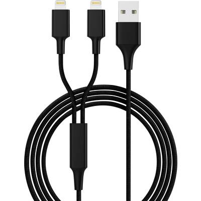 Černý USB nabíjecí kabel se třemi konektory: dva malé a jeden velký. Kabel je zobrazen několikrát stočený.