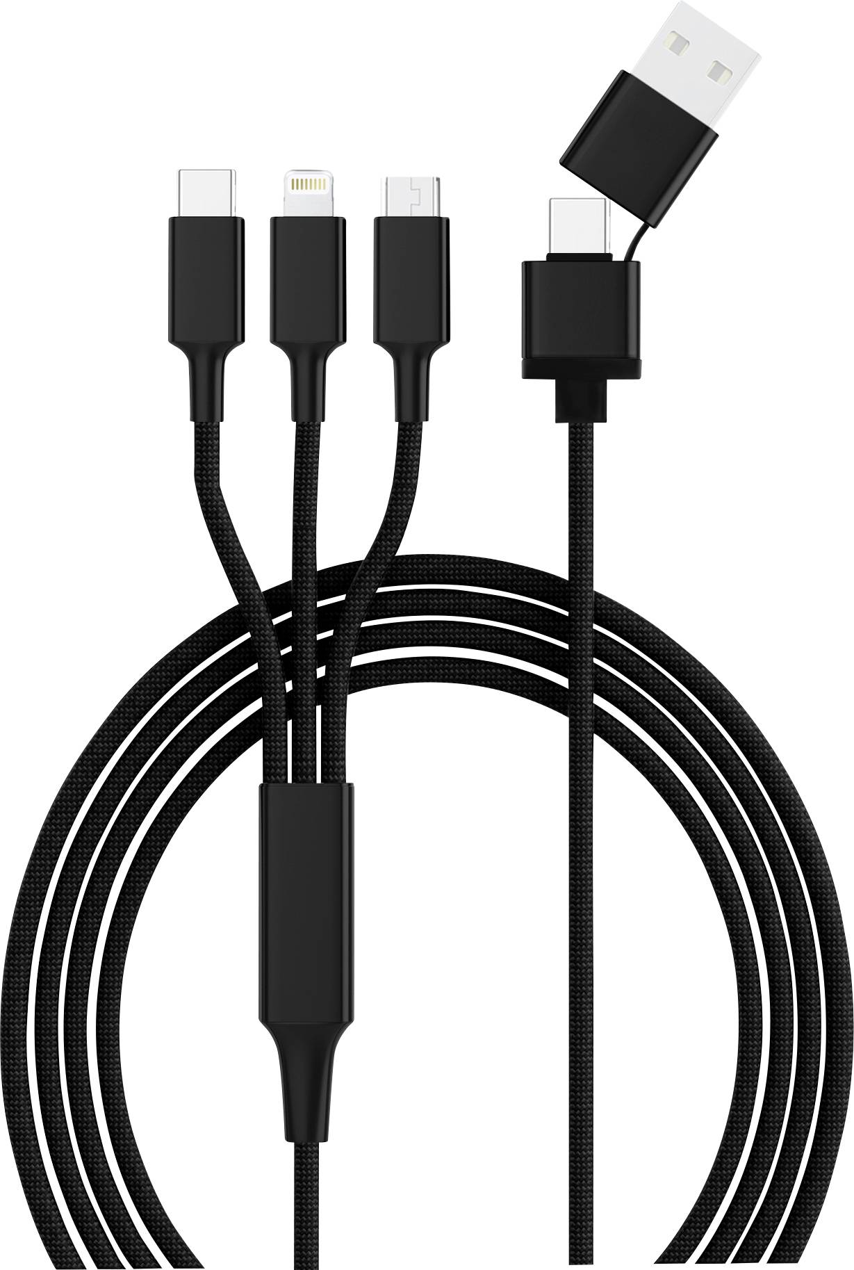 Černý nabíjecí kabel se čtyřmi konektory: USB-C, Lightning, Micro-USB a standardní USB připojení. Ideální pro více zařízení.