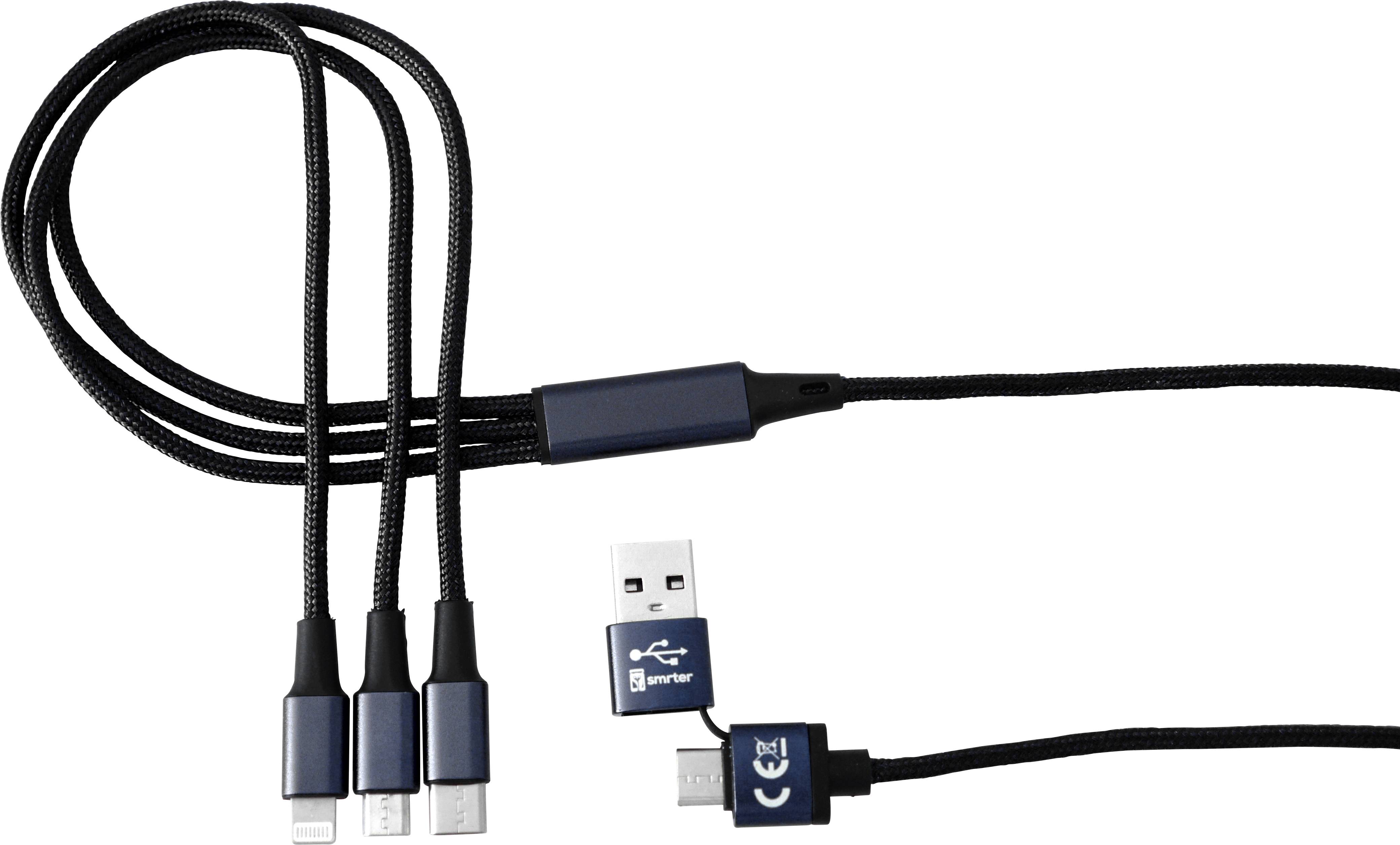 Trojitý USB nabíjecí kabel s konektory Lightning, USB-C a Micro-USB a jedním USB portem pro napájení.