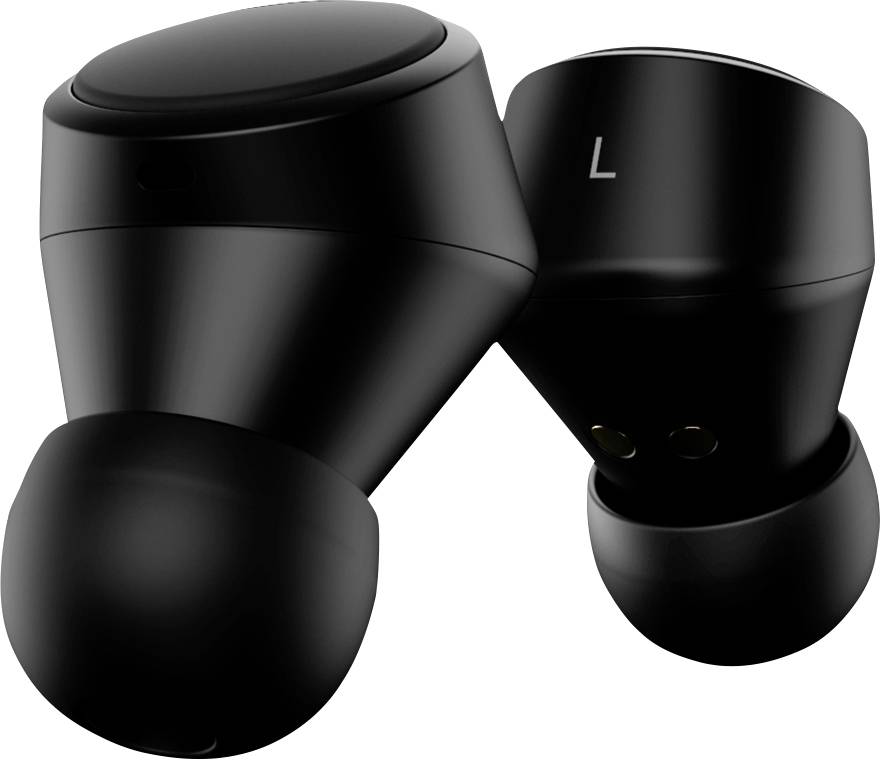 Černá bezdrátová sluchátka do uší s označením L a R, ergonomický design. Ideální pro poslech hudby a telefonování.
