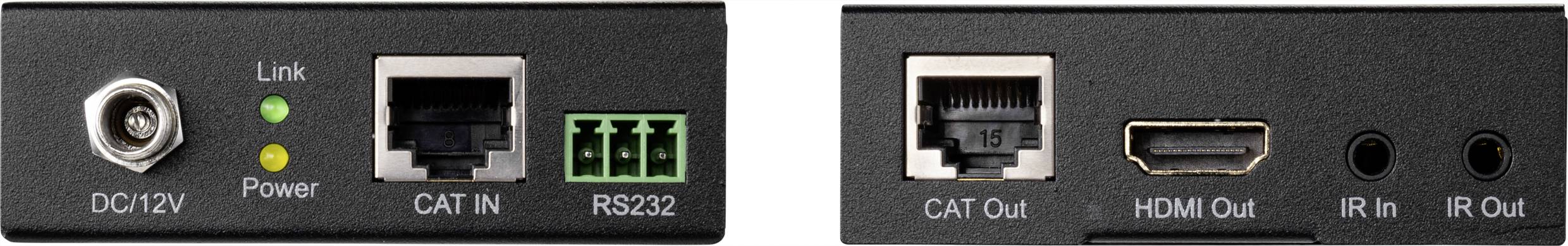 Černé zařízení s přípojkami: DC12V, CAT IN, RS232, CAT Out, HDMI Out, IR In, IR Out a dvěma LED indikátory pro Link a napájení.
