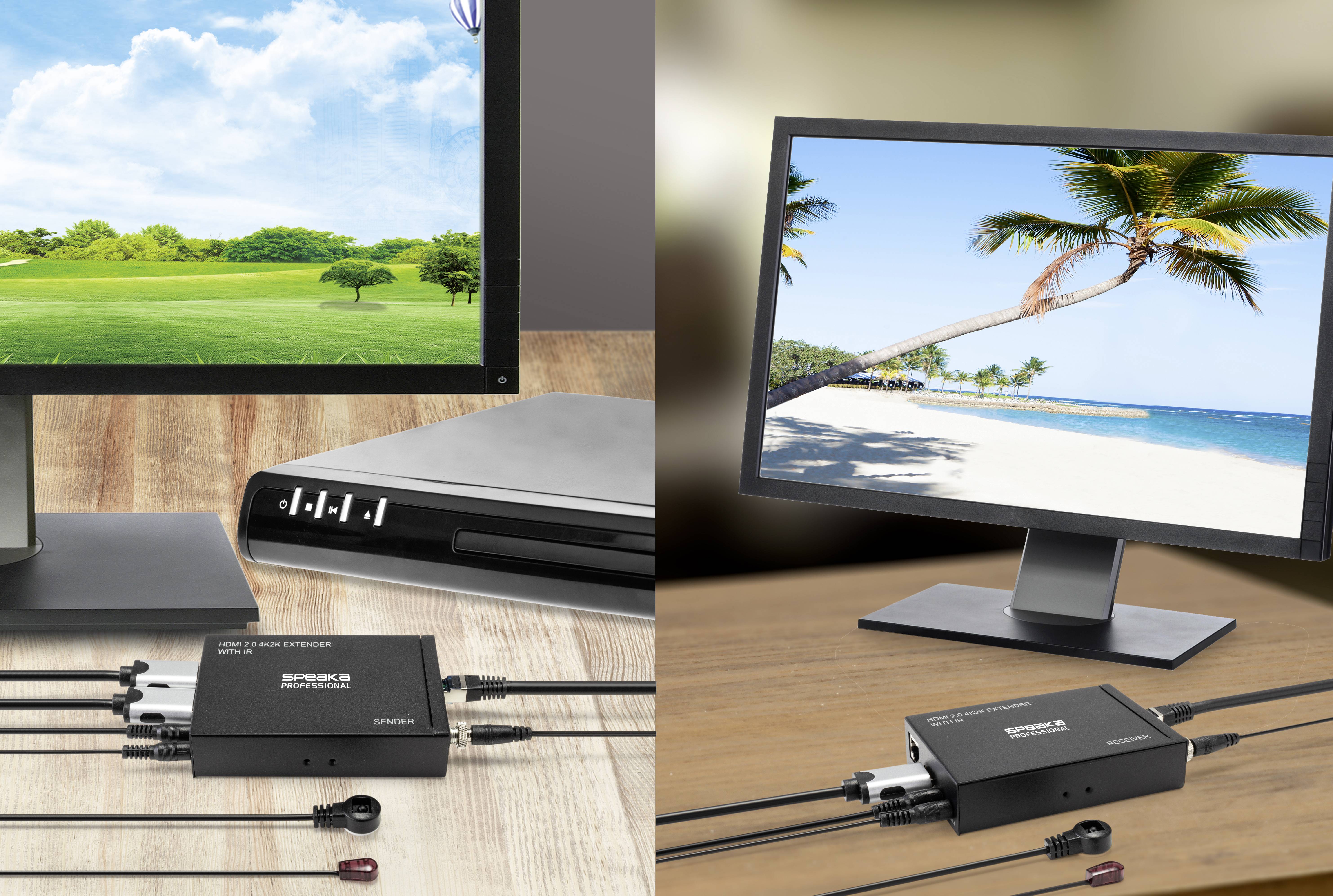 Dva monitory zobrazují odlišné krajiny. Vlevo zelený park, vpravo pláž. V popředí HDMI přepínač propojený kabely.