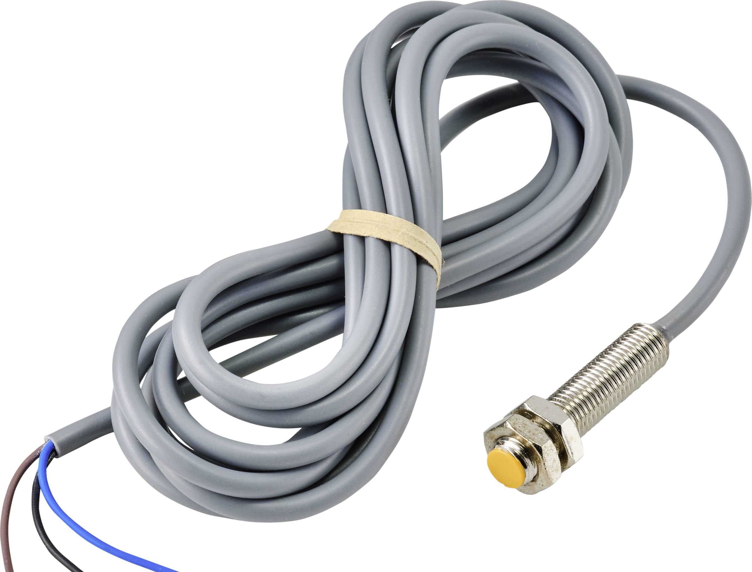 Šedý kabel s válcovým senzorem připevněným na jednom konci. Senzor má zlatou špičku. Kabel je smotán.