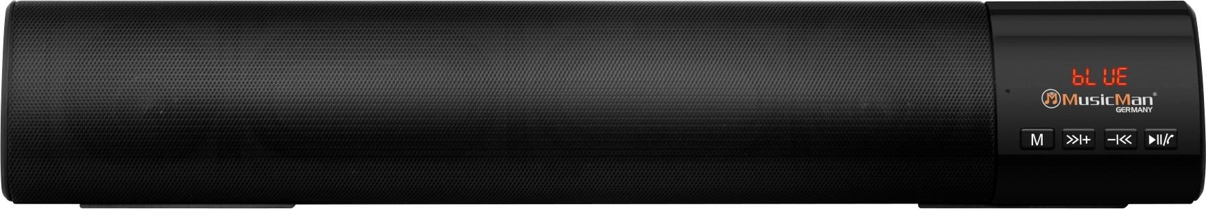 Černý soundbar s LED displejem a ovládacími tlačítky vpravo. Displej zobrazuje 'b6 UE'. Název značky viditelný vpravo dole.