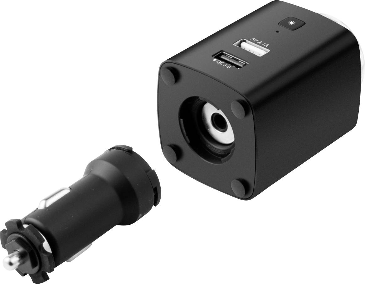 Černý automobilový adaptér s USB portem a konektorem do zapalovače, zobrazené odděleně.