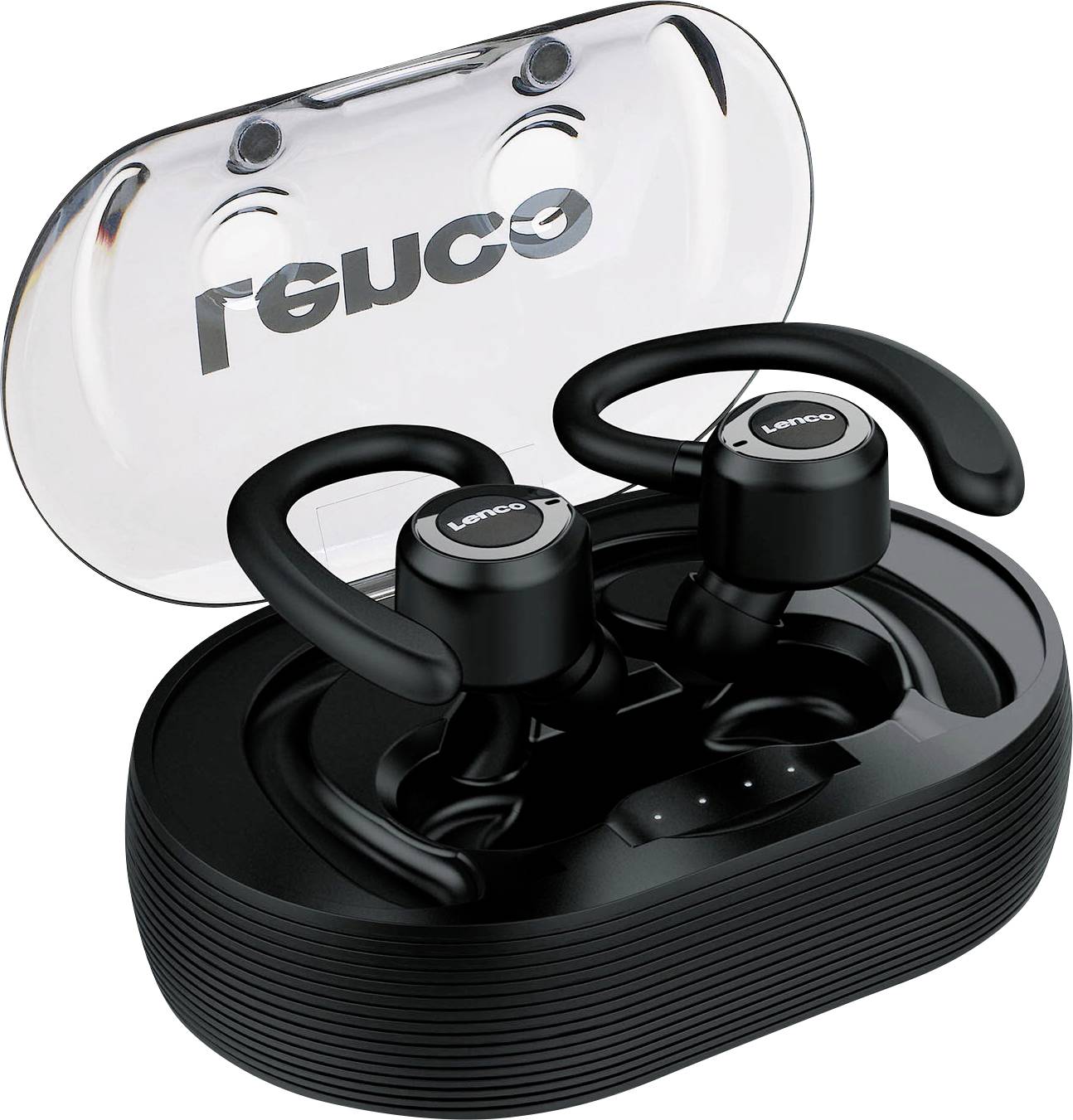 Bezdrátové černé in-ear sluchátka s náušníky v černém dobíjecím pouzdře s průhledným víkem, na kterém je logo 'Lenco'.