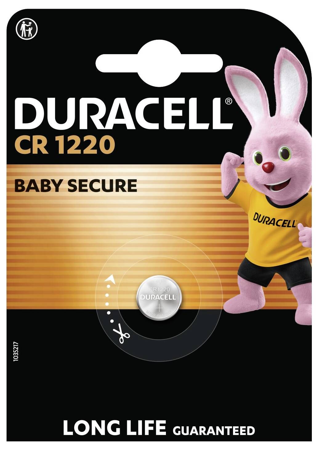 Balení baterie Duracell CR 1220 se růžovým zajíčkovým masklem na pravé straně. Text zní 'BABY SECURE' a 'DLOUHÁ ŽIVOTNOST GARANTOVÁNA.'