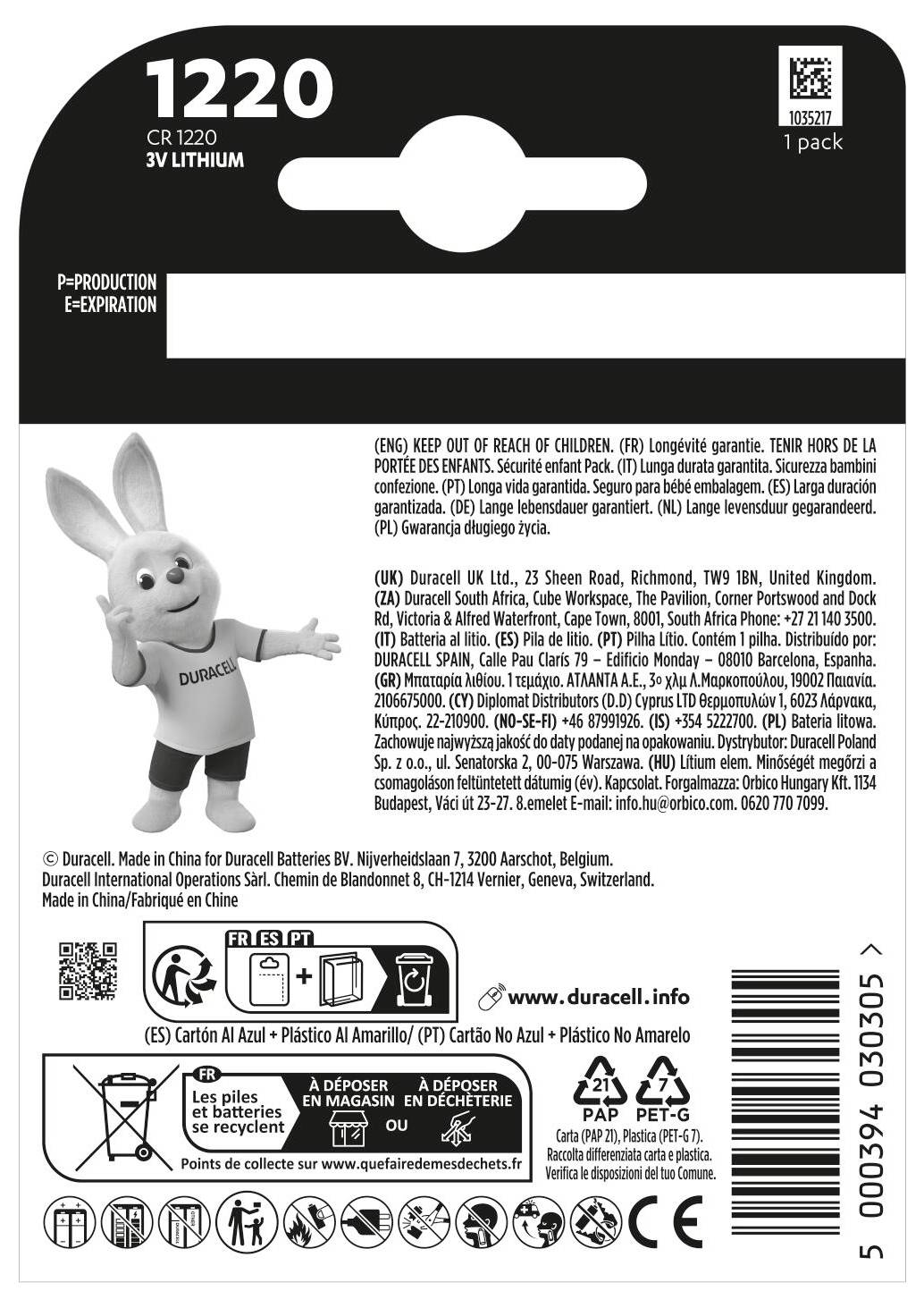 Zadní strana balení baterie Duracell CR1220 3V lithiová baterie s detaily produktu, bezpečnostními pokyny, informacemi o webu a ilustrací zajíčka Duracell.