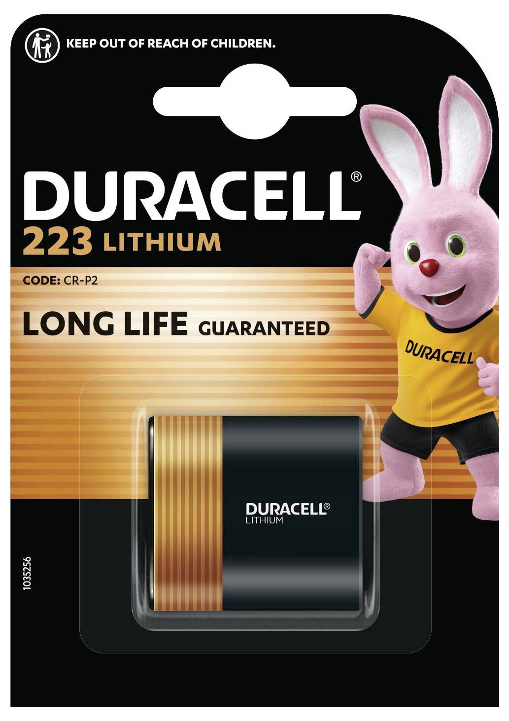 Balení baterie Duracell 223 Lithium s růžovým zajíčkem jako maskot. Balení zdůrazňuje "Dlouhá životnost garantována."
