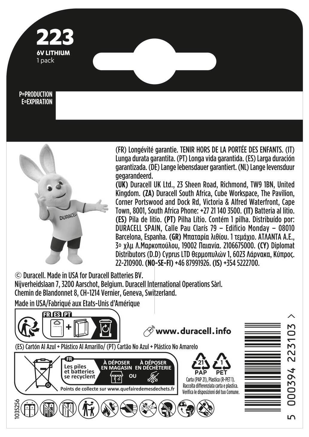 Balení baterií s motivem kreslené králíčka a informacemi o produktu v několika jazycích. Vyrobeno v USA společností Duracell.