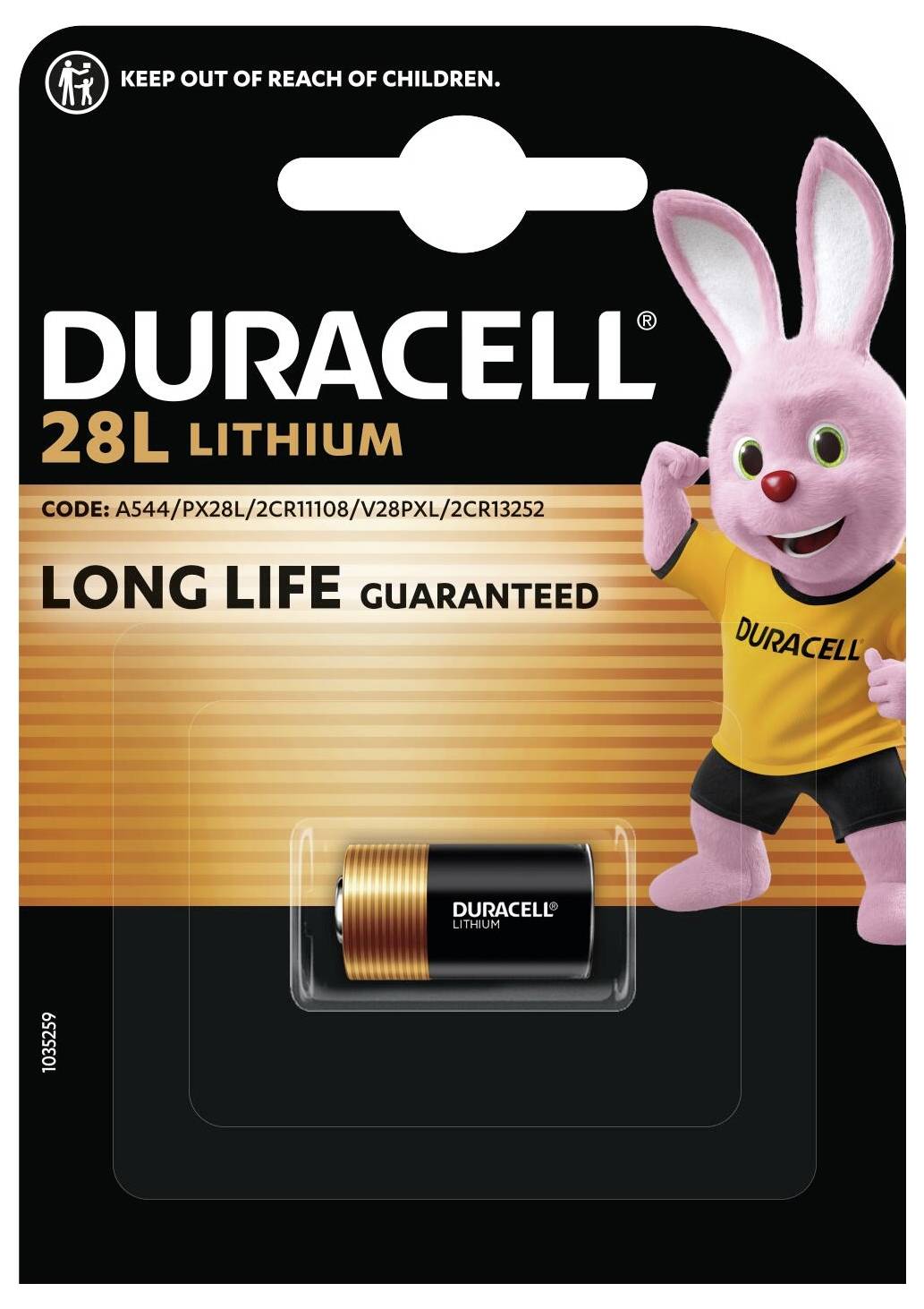 Balení baterie Duracell 28L na lithium s růžovým zajíčkem značky Duracell. Text zní: "Dlouhá životnost zaručena."