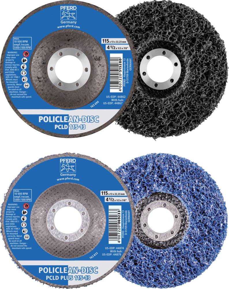 Dvě lešticí kotouče značky 'PFERD', nahoře černé, dole modré, s označením 'POLICLEAN-DISC PCLD 115-13'.