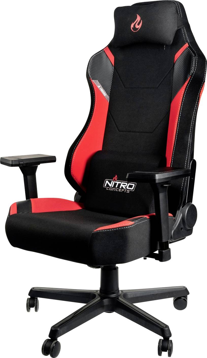Herní židle s černým a červeným designem, nastavitelnými područkami a polstrovanými polštáři pro pohodlí a ergonomickou podporu.